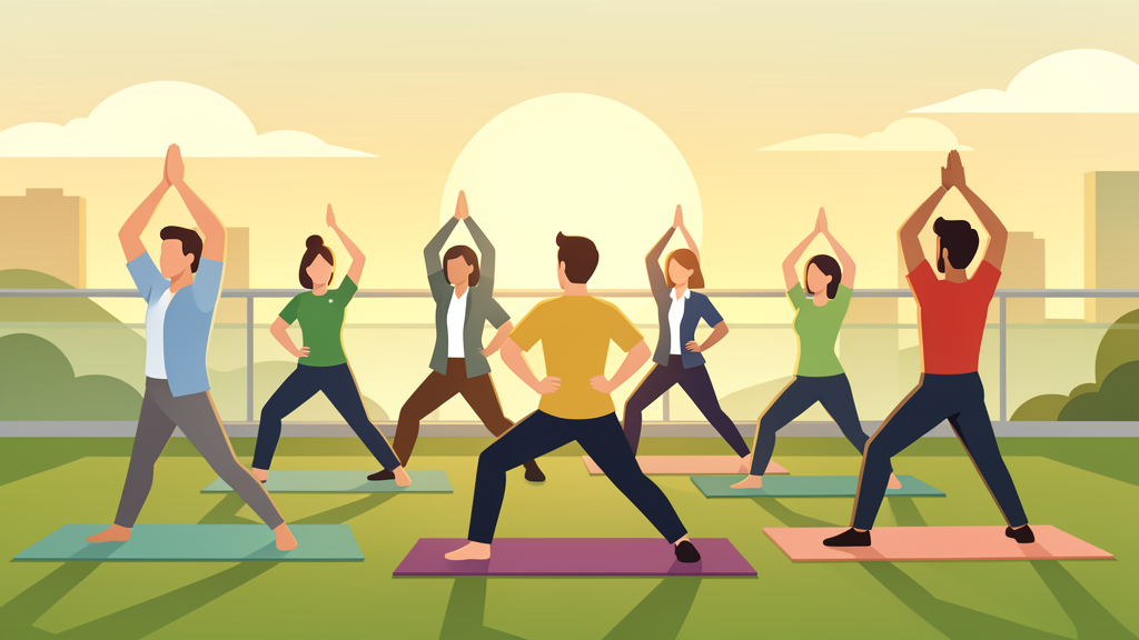 Group doing yoga on rooftop terrace at sunset